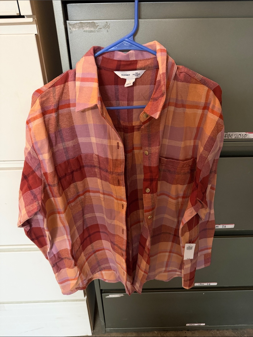 Old Navy Girls Plaid Button-Down Shirt in Pink and Orange